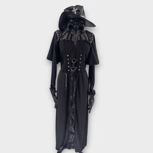 Steampunk Plague Doctor Costume Halloween Mask Hat Beak & Gothic Dress Gloves L